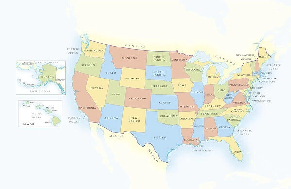 Map of United States of America, separate boxes showing Alaska and Hawaii