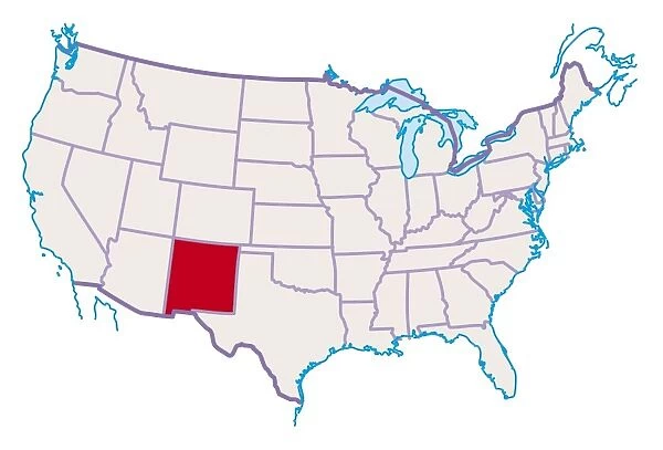 Map of USA, New Mexico highlighted in red, close-up