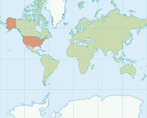 Map of the world, United States of America highlighted in red