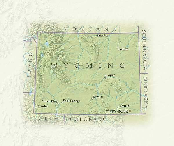 Map of Wyoming, close-up