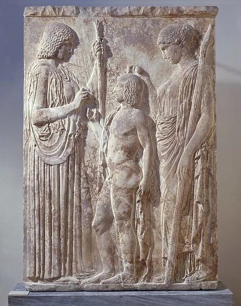 Marble bas-relief depicting Triad of Eleusinian Mysteries with Persephone, Demeter and Triptolemus, from Eleusis