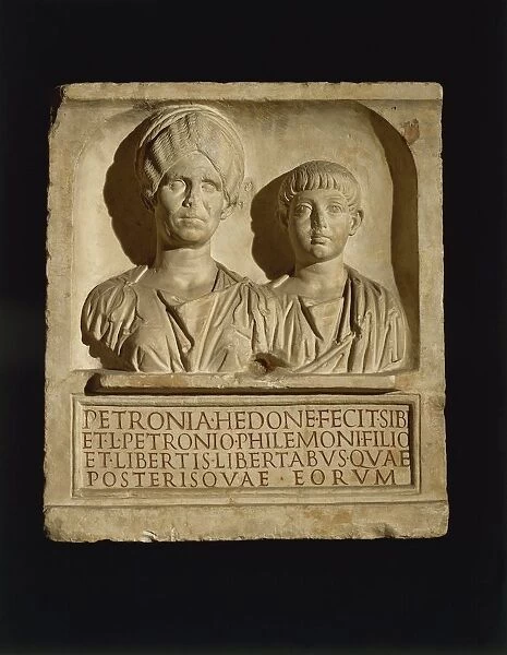 Marble funerary stele of Petronia Hedone and her son Lucius Petronius Philemon, from Naples, Italy
