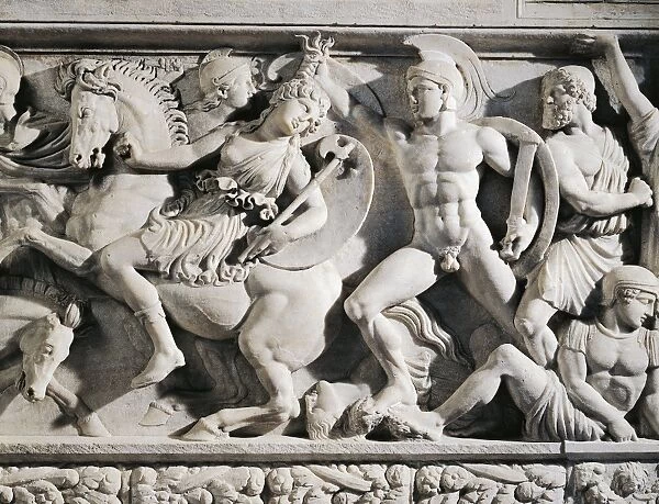 Marble sarcophagus with marble group on lid representing deceased couple and relief depicting battle between Greeks and Amazons, detail of combat between Greeks and Amazons, from Thessaloniki