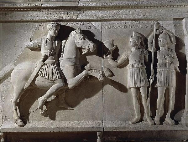 Marble sarcophagus of prefect Tiberius Flavius Miccalus, detail of prefect on horse and two soldiers of escort, from Kamaradere