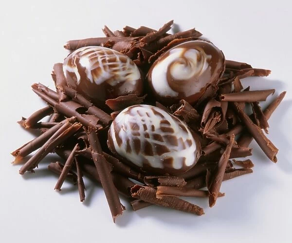 Marbled chocolate eggs on a nest of chocolate curls