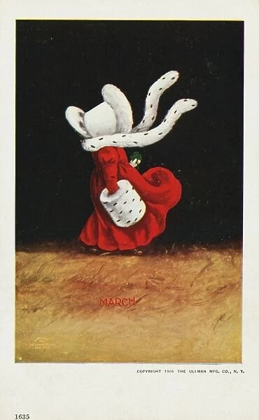 March Calendar Postcard with Little Girl Wearing Stole and Muff. 1906, March Calendar Postcard with Little Girl Wearing Stole and Muff