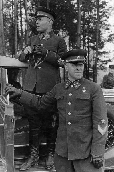 Marshal timoshenko and general georgy zhukov during military maneuvers, fall 1940