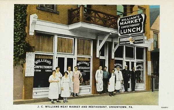 Meat Market and Restaurant. ca. 1925, Uniontown, Pennsylvania, USA, J. C. WILLIAMS MEAT MARKET AND RESTAURANT, UNIONTOWN, PA