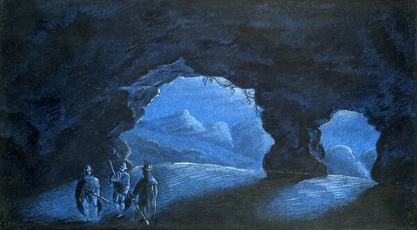 Three Men in a Mountain Grotto, 1835. Blue wash with white highlights in gouache