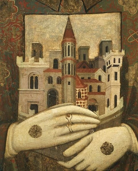 From Meo da Sienas studio, Saint Ercolano, patron saint of Perugia Detail: view of Perugia