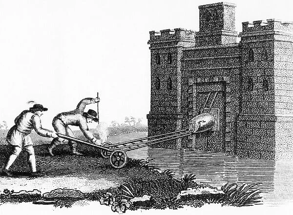 Method of fixing a petard (explosive device) to a fortress gateway when protected by a moat