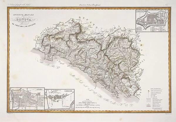 Military division of Genoa, plan of Sarzana, La Spezia and Chiavari. Map by Attilio Zuccagni-Orlandini, taken from the Geographic Atlas of Italian States, Florence, engraving on copper, 1836-1845