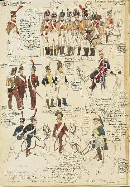Military uniforms of French Empire, by Quinto Cenni, color plate, 1807-1808