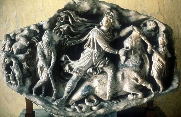 Mithras, ancient Persian god of light and ruler of universe, slaying the bull. Roman