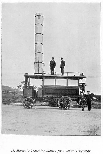 Mobile radio station used by Marconi. Illustration published London 1903