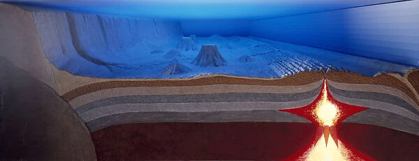 A model of the ocean floor with magma welling up from the mantle, creating a ridge