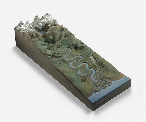 Model of winding river flowing from mountains to sea