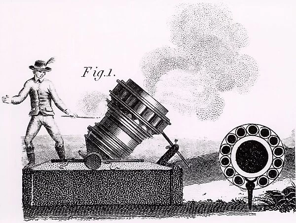 A mortar firing partridges, showing the barrel in cross-section. A large