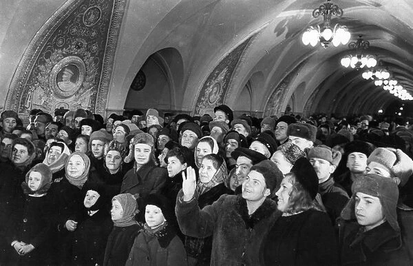 Moscow residents at the opening of the new taganskaya metro station, ussr, january 1950