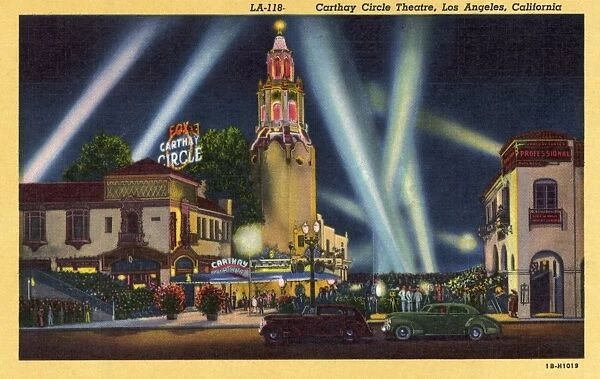 Movie Premiere at Fox Carthay Circle Theater. ca. 1941, Los Angeles, California, USA, LA-118--Carthay Circle Theatre, Los Angeles, California. The Carthay Circle Theatre in Los Angeles, is the home of gala world premieres. Thousands of cheering fans line the streets and stand outside the theatre, and enthusiastically greet the hundreds of illustrious stars who attend