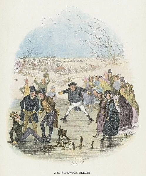 Mr Pickwick slides. Illustration by Phiz (Hablot Knight Browne - 1815-1882)