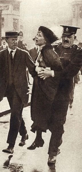 Mrs Emmeline Pankhurst (1857-1928), English suffragette, being arrested outside Buckingham Palace