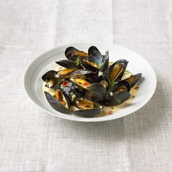 Mussels in creamy white wine and chilli sauce, in bowl