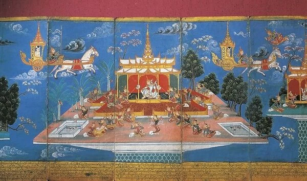 Myanmar, King Nimi Jakat visiting the underworld and the skies in the charioteer of Indra, the God of Heaven, miniature from a manuscript