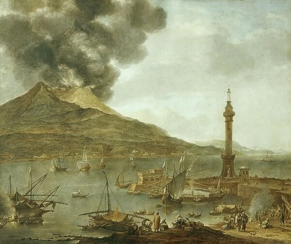Naples, Vesuvius erupting and Lanterna del Molo, Unknown Nordic artist, Watercolour on paper