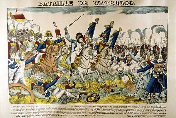 Napoleon at the Battle of Waterloo, 18 June 1815. Popular French hand-coloured woodcut