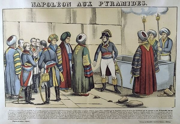 Napoleon in Egypt, 1798, visiting the Pyramids. 19th French popular hand-coloured woodcut