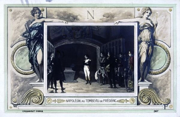 Napoleon I (1769-1821) visiting the tomb of Frederick the Great of Prussia. Tinted lithograph