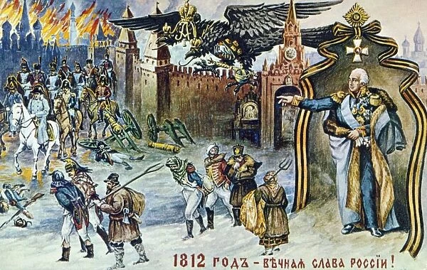 Napoleonic war of 1812, depiction of napoleons retreat from moscow being overseen by the imperial russian two-headed eagle and tsar alexander i