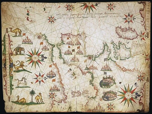 Nautical chart of the Balearic Islands, the Iberian Peninsula, and the north-western coast of Africa, detail of the first chart, from a nautical atlas of the Mediterranean Sea in three charts, by Pietro Giovanni Prunus, 1651