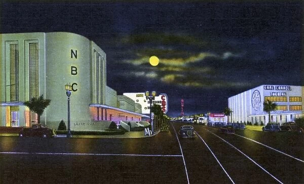 NBC Studios on Sunset Boulevard. ca. 1940, Hollywood, Los Angeles, California, USA, 820-Radio Center, Sunset Boulevard, Hollywood, California. Radio Center on Sunset Boulevard is in the heart of glamorous Hollywood. On this romantic palm-fringed boulevard are located the Pacific Coast headquarters of two national broadcasting networks, -motion picture studios and offices, and nearby famous night spots, where on emay dine and dance to the music of nationally famous orchestras and mingle with the film colonys celebreties