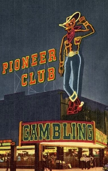 Neon Sign Outside Pioneer Club. ca. 1951, Las Vegas, Nevada, USA, The largest mechanical neon sign in the world. The Howdy Podner of Las Vegas greets the visitor to the famous Pioneer Club complete with 24-hour gaming and the comfortable cocktail lounge