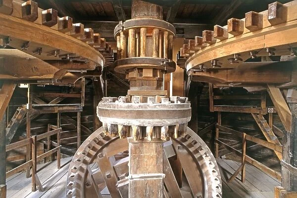 The Netherlands, internal mechanism of a traditional windmill, close-up