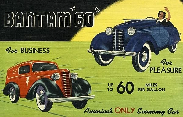 New Bantam 60 Automobiles. ca. 1938, Butler, Pennsylvania, USA, The New BANTAM 60 -100 miles for 50 cents. -Up to 60 miles on a gallon. -Up to 60 miles an hour. -Over 120 inches long. -See it NOW. American Bantam Car Company. Butler, Pennsylvania