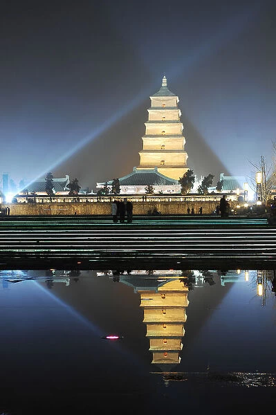 Night light show at Big Goose Pagoda. Shaanxi, Xi'An, China