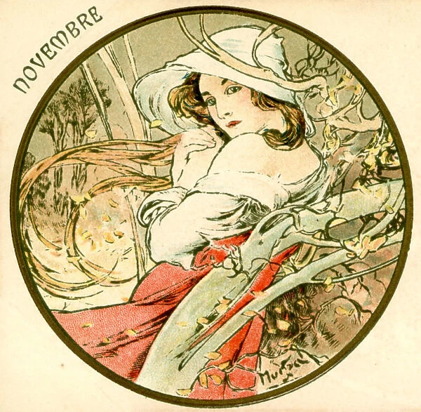 November. Lady in red and white dress, white hat