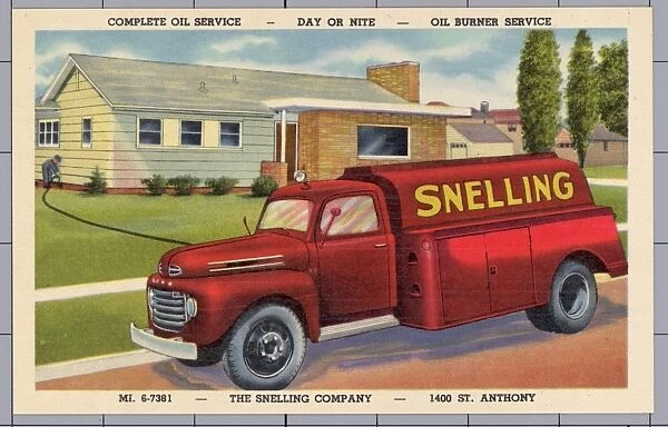 Oil Company Truck. ca. 1950, USA, COMPLETE OIL SERVICE -- DAY OR NITE -- OIL BURNER SERVICE. Michigan. 6-7381 -- THE SNELLING COMPANY -- 1400 ST. ANTHONY