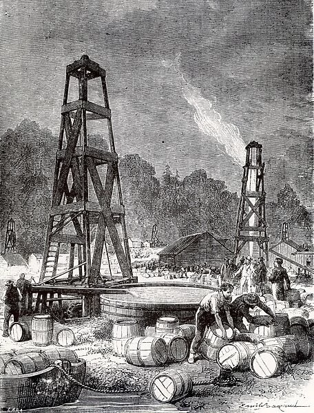 Oil wells at Oil Creek, 150 miles up the Allegheny River from Pittsburgh, Pennsylvania, USA