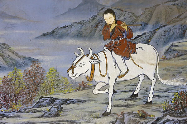 The ten Ox Herding Pictures of Zen Buddhism represent the stages of enlightement. Coming home on the Oxs back