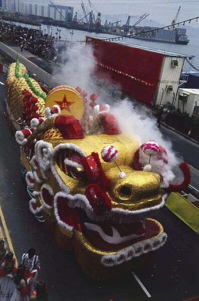 Ox-shaped float with smoke billowing from the nostrils, used in the New Year celebrations