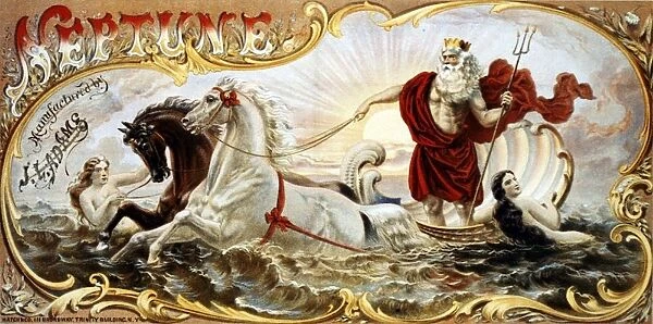 Packaging label for Neptune brand tobacco produced by J L Adams. Neptune holding a trident