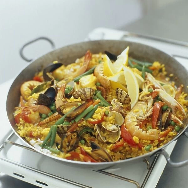 Paella with prawns, mussels, clams and saffron infused rice