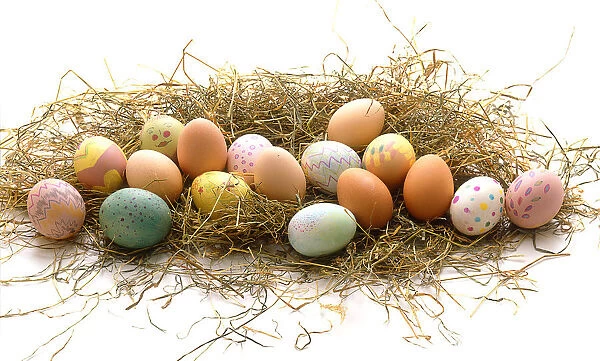Painted eggs on hay