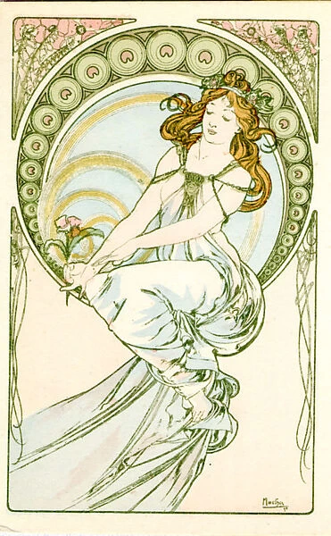 Painting. Lady in pink faces left, Artist Alphonse Mucha, Art Nouveau