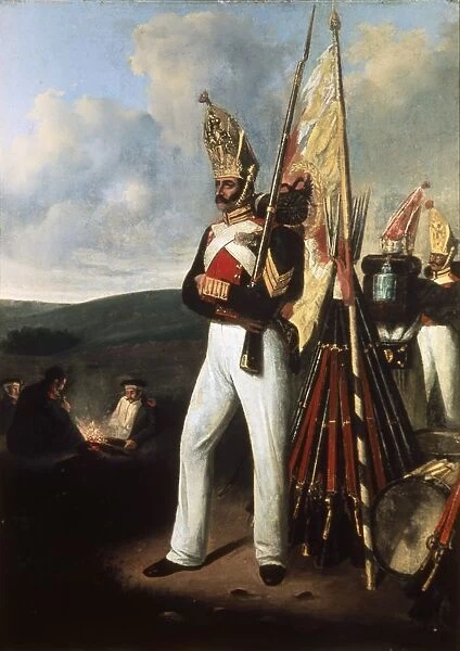 Painting of an infantry soldier of the russian pavlovsky regiment at the time of the battle of borodino during the war of 1812 with napoleon