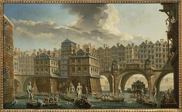 Paris, boatmens joust between Pont Notre-Dame and Pont au Change, by Nicolas-Jean-Baptiste Raguenet, 1756, Oil on canvas